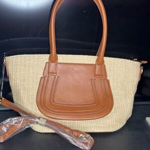 Woven Straw Tote with Tan Leather Trim